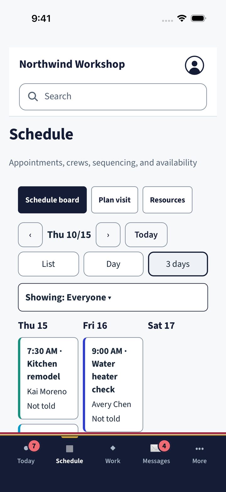 Guildaire's Schedule on iPhone for a sample company: three days of visits side by side