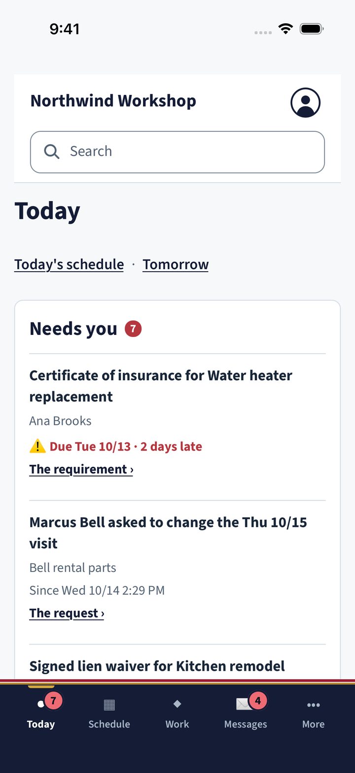 Guildaire's Today screen on iPhone for a sample company: the items that need the owner, with one marked late